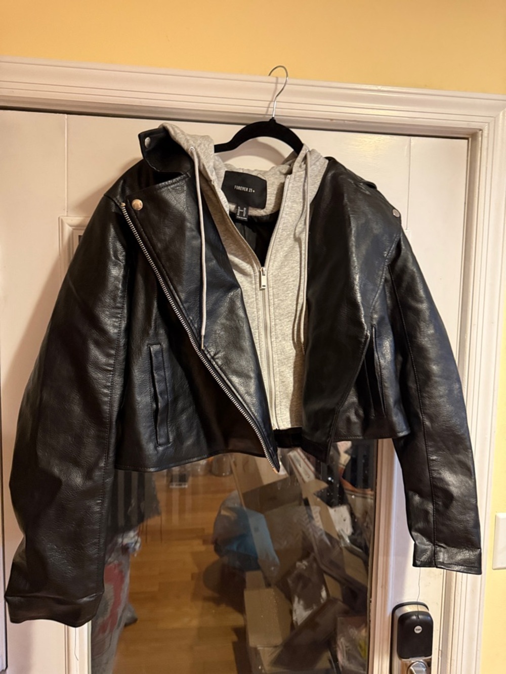 Forever 21 Black Faux Leather Cropped Jacket goth w Hoodie Insert y2k rave bella